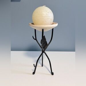 Black Metal Leaf Candle Holder with Ivory Dish and Ball Candle